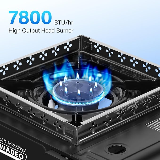 WADEO Three Fuel Portable Camping Stove with Windblocker 3 in 1 Propane Butane Isobutane Stove with Carrying Case and Stainless Steel Hose Adapters Gas Camp Stove for Cooking BBQ Travel RV Hiking