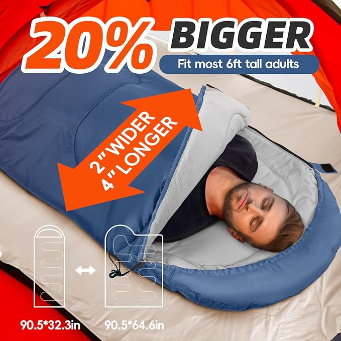MEREZA Sleeping Bags for Adults Cold Weather Mens Warm Sleeping Bag for Big and Tall Girls Boys with Compression Sack for 3-4 Season Camping Backpacking Hiking