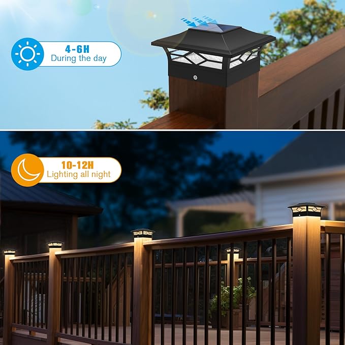 Solar Post Cap Lights Outdoor 4pack Waterproof Solar Powered Deck Fence Post Lights for 4x4 Wood/Vinyl Posts Solar Outdoor LED Light with Cool/Warm Lighting Decorate Garden Patio Porch…