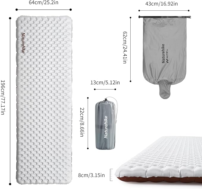 Naturehike Ultralight Insulated Sleeping Pad with R5.8 3.2in Thickened Patchworkable Inflatable Double Sleeping Mat for Camping Hiking Climbing with Inflatable Bag