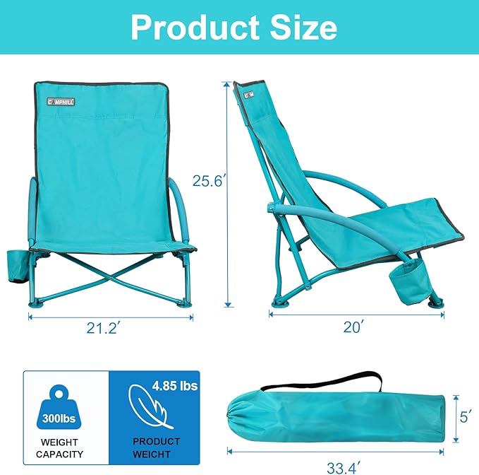 NORTHROAD Low Folding Beach ChairPortable Lightweight Lowback Sling Chair Outdoor Low Seat Camping Chair w/Cup Holder &amp Carry Bag for Sand Camping Lawn Picnic Festival Blue