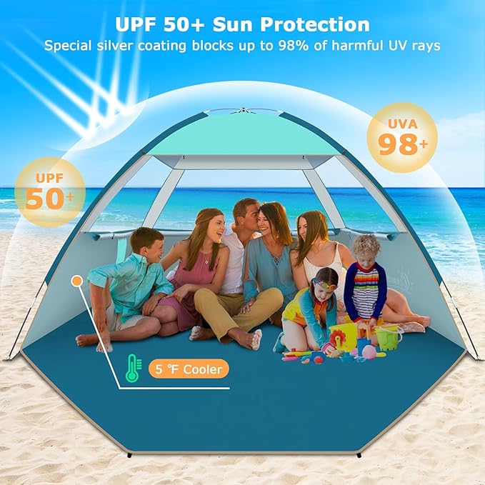 COMMOUDS Beach Tent Sun Shade for 3/4/6/8 Person UPF 50+ Beach Sun Shelter Canopy Tent Lightweight Easy Set Up and Carry