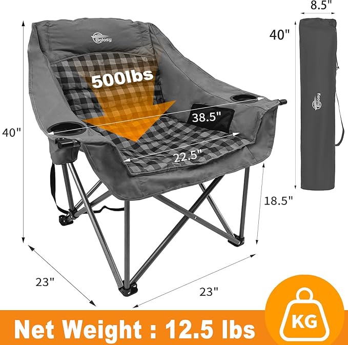 Oversized Camping Chairs for Adults Heavy Duty Padded Portable Lawn Chairs Outdoor Folding Chairs XL Camp Chairs with Cup Holder Suproot 500 lbs Gray Plaid