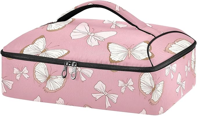 Casserole Carrier Elegance Pattern Butterflies BowsInsulated Casserole Carrier for Hot or Cold Food Thermal Lunch Tote for Potluck Parties Picnic Beach Fits 9 x 13 Inches Baking Dish