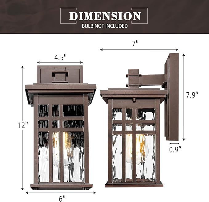 zeyu 12 Inch Patio Wall Light Fixture 2 Pack Outdoor Modern Wall Lights Die-Cast Aluminum Oil Rubbed Bronze Finish with Water Ripple Glass Glass 20068B1-2PK ORB WP