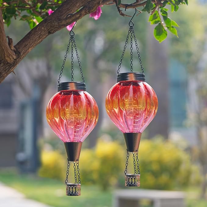2PC Hot Air Balloon Solar Lantern Outdoor Waterproof Gradient Orange Glass Balloon Lantern Lights Hanging Solar Lights for Outside Patio Garden Tree Porch Yard Gift for Women Mom