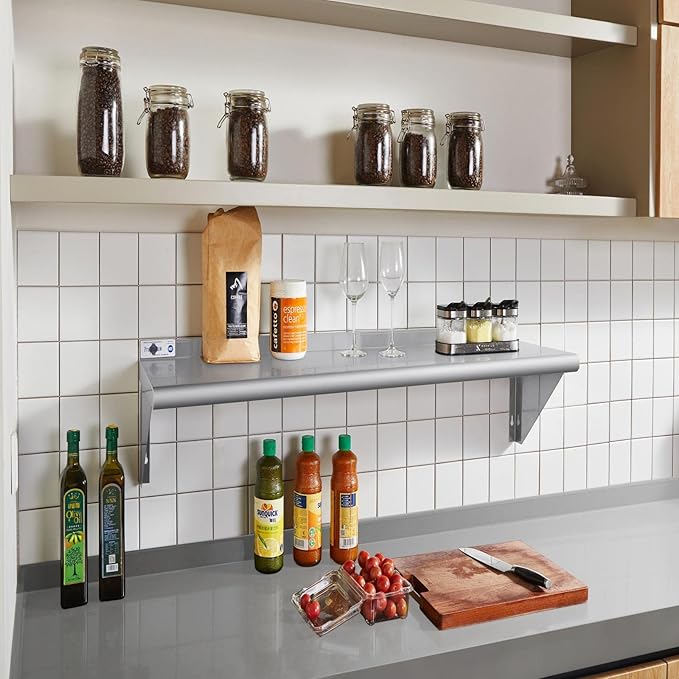 Profeeshaw NSF Stainless Steel Shelf 18” x 48” 400 lb Commercial Shelves Wall Mounted Metal Shelving with Backsplash and 2 Brackets for Restaurant Bar Utility Room Kitchen and Garage