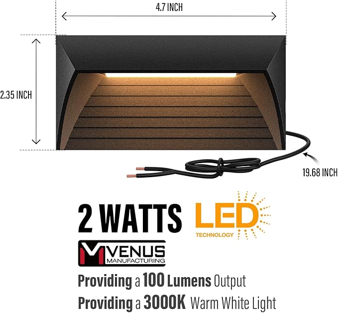 VENUS MANUFACTURING 2W Low Voltage Deck Lights LED Outdoor Stair Lights 3000K 12V Wired Step Lighting Die-cast Aluminum for Fence Yard Patio and Pathway (12Pack)