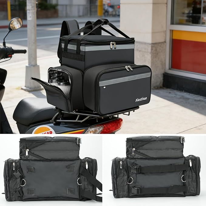 Food Delivery Backpack with 4 Expandable Cup HoldersInsulated Food Delivery Bags for Takeout Bike Expandable Large Pizza Takeout Bag for Hot/Cold Fits for Uber EatCamping (500D tarpaulin)