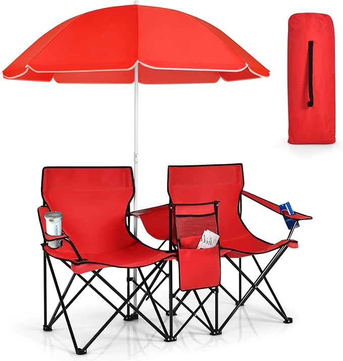 KOTEK Double Camping Chair Folding Camp Chair with Removable Umbrella Cup Holders Cooler Bag Side Pocket &amp Carry Bag 2-Person Beach Chair for Outdoor Sports Concerts Travel Picnic (Red)