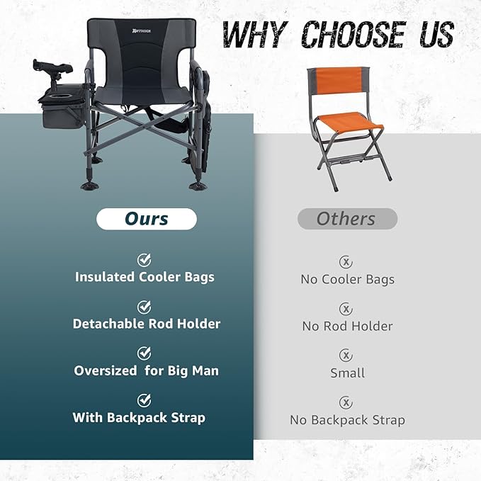 X Strike Fishing Chairs with Rod Holder Folding Ice Fishing Chair for Adults Outdoor Camping Chair Leg Adjustable with Cooler Bag and Storage Bag for Camp Lawn Patio Garden (Black)