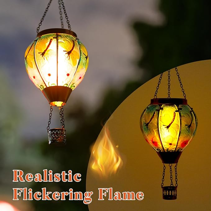 Dragonfly Solar Hot Air Balloon Lantern with Flame Glass Hot Air Balloon Solar Lantern Outdoor Waterproof Decorative Hanging Hot Air Balloon Solar Light for Outside Garden Patio Yard