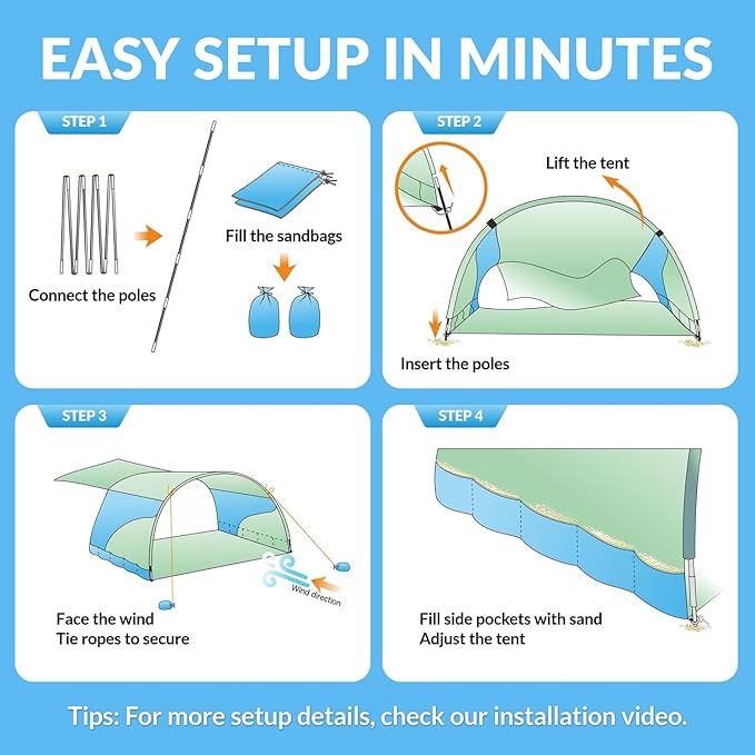 Beach Shade The Classic Wind-Supported Beach Canopy with UPF 50+ Protection 7.5ft Tall Portable &amp Easy Setup for 3-6 People