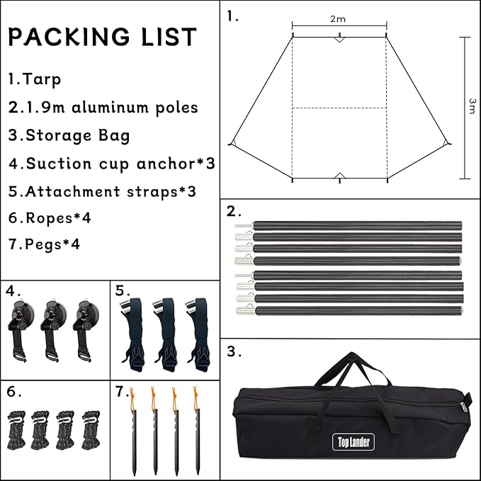 Car Awning Camping SUV Sun Shelter Waterproof Universal Tent Canopy Anti-UV for Van Campervan Caravan Truck Vehicle (Black 2x3m)