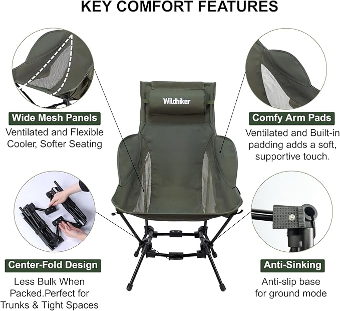 Wildhiker Compact High Back Camping Chair - Foldable with Dual Sitting Modes Pillow Arm Pads and Side Pockets - Lightweight Portable Chair for Motorcycle RV Festival Travel - Green