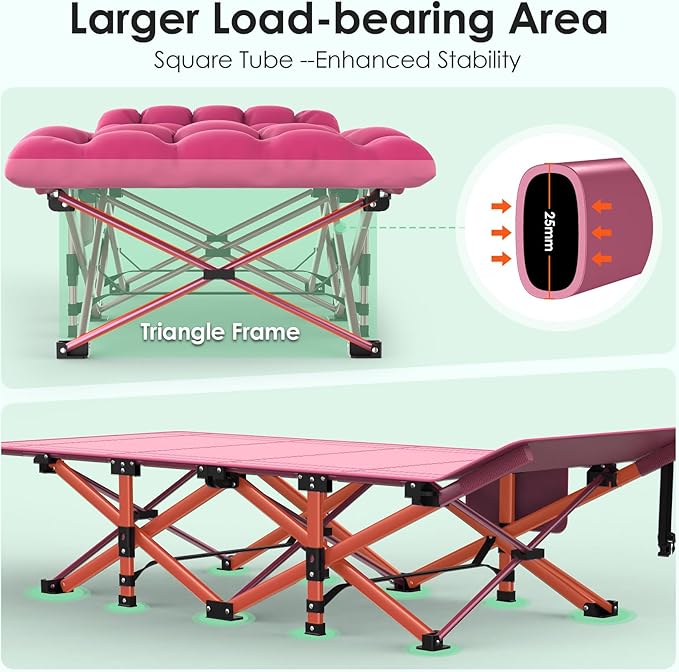 Suteck Camping Cot Folding Camping Cot Bed for Adults Sleeping 1200D Double Layer Oxford Portable Folding Outdoor Cots for Camping W/Soft Pad Carry Bag for Home Office Nap Beach Travel 500LBS