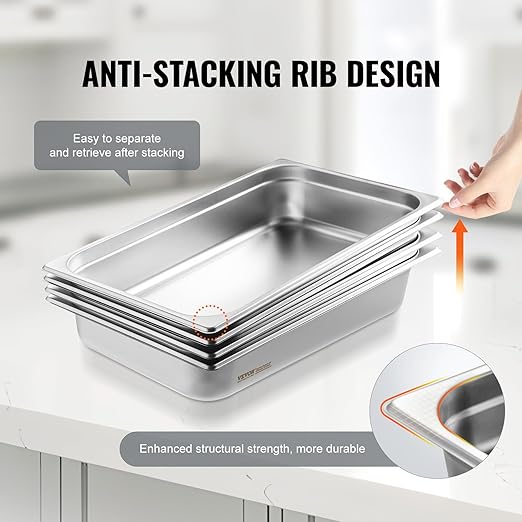 VEVOR 4 Pack Stainless Steel Hotel Pans with lidFull Size 4 Inch Deep 0.8mm Thick Anti-Jam Commercial Food Pans for Steam Tables Restaurants Catering &amp Industrial Use