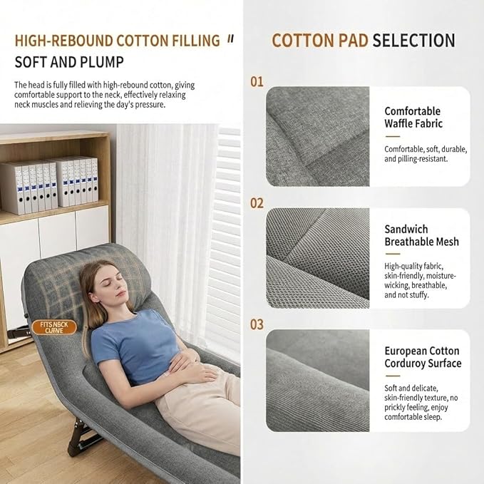 Folding Chaise Lounge Chair Heavy Duty 6 Position Adjustable Portable Camping Cot with Removable Mattress and Pillow for Patio Beach Indoor Outdoor Use(74in)