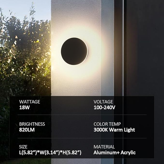 2 Packs LED Wall Light Outdoor Indoor Modern Wall Sconce Mini Sconce Outdoor Wall Lights Aluminum Waterproof Black Wall Mount Light LED Wall Sconces Warm White 3000K (Round)