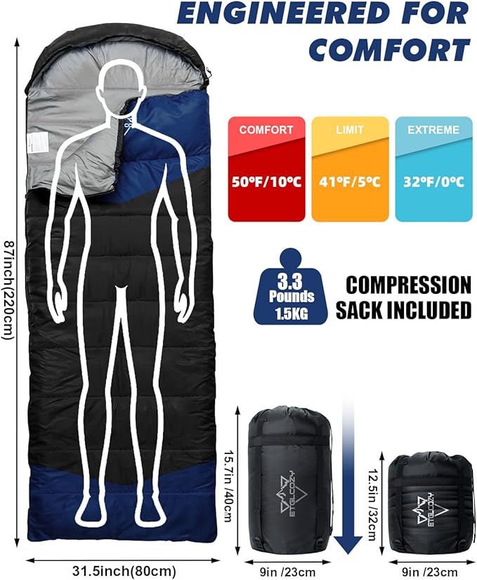 Lightweight 3-Season Sleeping Bag for Adults/Kids Camping Compact w/Compression Sack Waterproof Ripstop Portable for Backpacking Hiking Travel