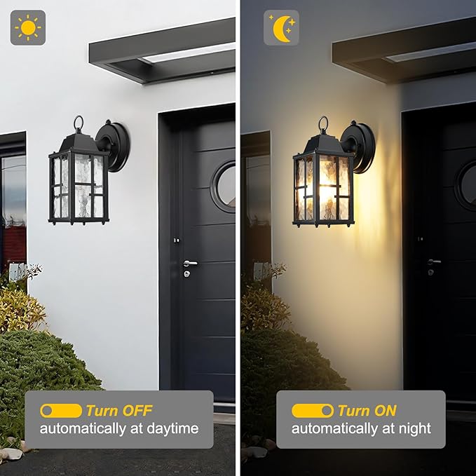 OKELI Dusk to Dawn Outdoor Wall Lights Exterior Waterproof Lantern Front Porch Sconce Lighting with Water Ripple Glass Shade Anti-Rust Wall Lamps Outside Lights for Garage (Black-SIZE-S-2pack)