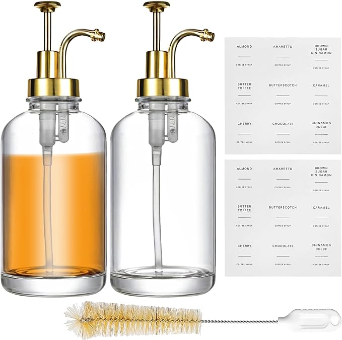 2 Pcs Glass Coffee Syrup Dispenser with Pump 8.66 in Tall 2 Gold Pumps Includes Labels Brush and Funnel Syrup Bottles