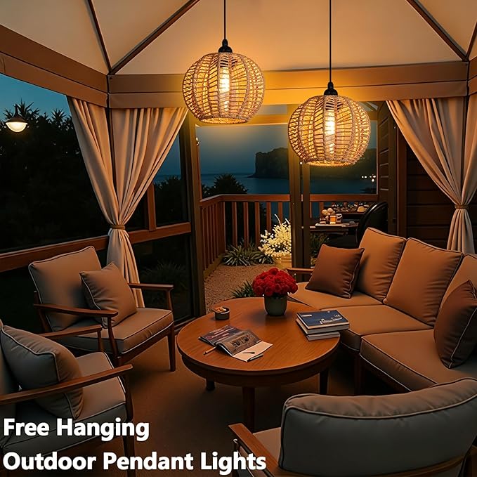 Battery Operated Chandelier 2Pack Hanging Gazebo Lights Cactus Shape Boho Rattan Pendant Lights Outdoor Waterproof for Patio Tree Pergola Porch and Indoor Decor