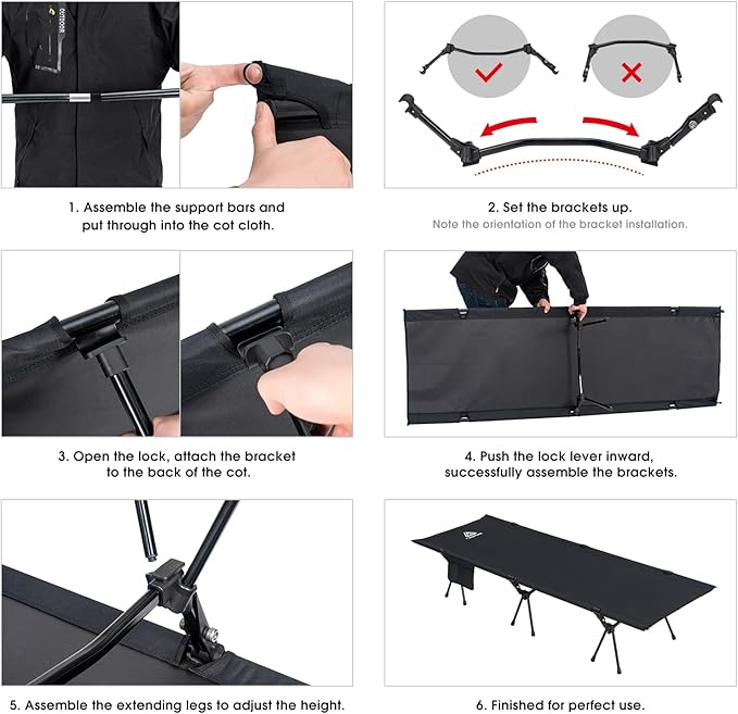 CAMPNACHT Ultralight Camping Cot with Leg Extenders Aluminum Lightweight Folding Cot for Adults Portable Backpacking Compact Tent Cot for Outdoor Hiking 1 Pack with 2 Use Modes Black