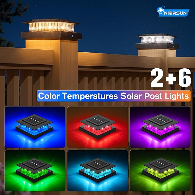 NIORSUN Solar Post Cap Lights Outdoor Waterproof 4x4 Post Solar Lights RGB Color Changing Fence Posts Solars Light for Deck Patio Garden Decoration 4x4 Posts Caps Wood Vinyl 16 Pack (Black)