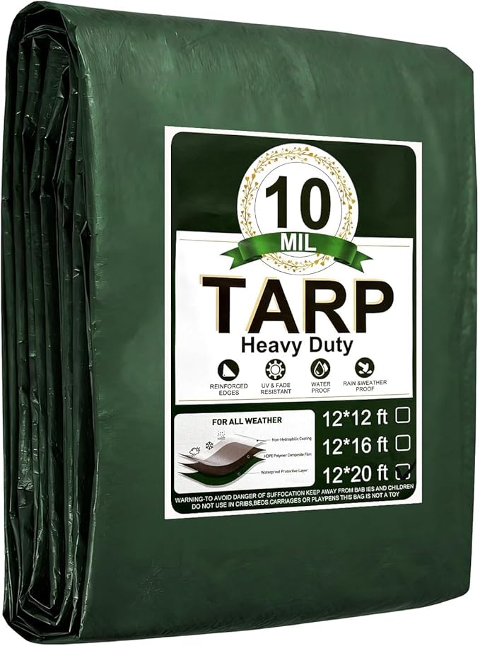 Heavy Duty Tarp 12x20 ft 100% Waterproof 10mil with Reinforced Edges Grommets UVTear Resistant Cover for HomeBoatsCarsCampingProtective Cover
