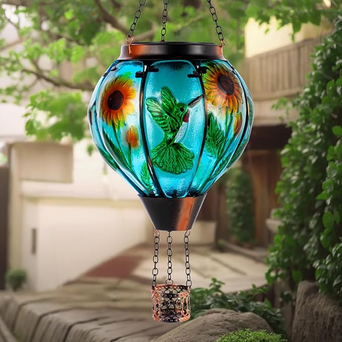 Hummingbird and Sunflower Solar Hot Air Balloon Lantern with Flame Glass Hot Air Balloon Solar Lantern Outdoor Waterproof Hanging Solar Lantern for Outside Garden Patio Tree Porch Yard