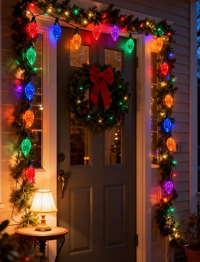 50 Count C9 Christmas Lights Outdoor 26FT Diamond-Cut Multicolor LED String Lights Connectable Green Wire Vintage Christmas Lights for House Roofline Trees Garden &amp Christmas Outdoor Decorati