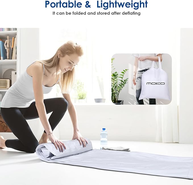 MoKo Air Mattress Queen with Built in Pump 18'' Luxury Inflatable Mattress 3 Min Fast Blow up Mattress with Dual-Chamber Comfort Top - Velvety Air Bed for Home Camping Travel Guests White/Blue