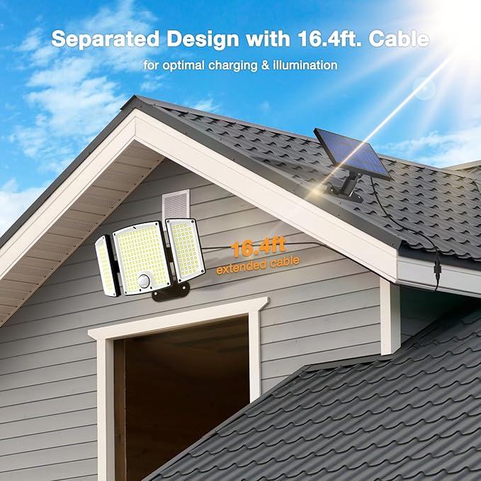 Onforu Solar Lights Outdoor 3500LM 278 LEDs Split Motion Sensor Flood Lights with 16.4 ft Cable 3 Modes IP65 Waterproof Security Lights with Remote Control for Yard Pathway Pool Garage 4 Pack