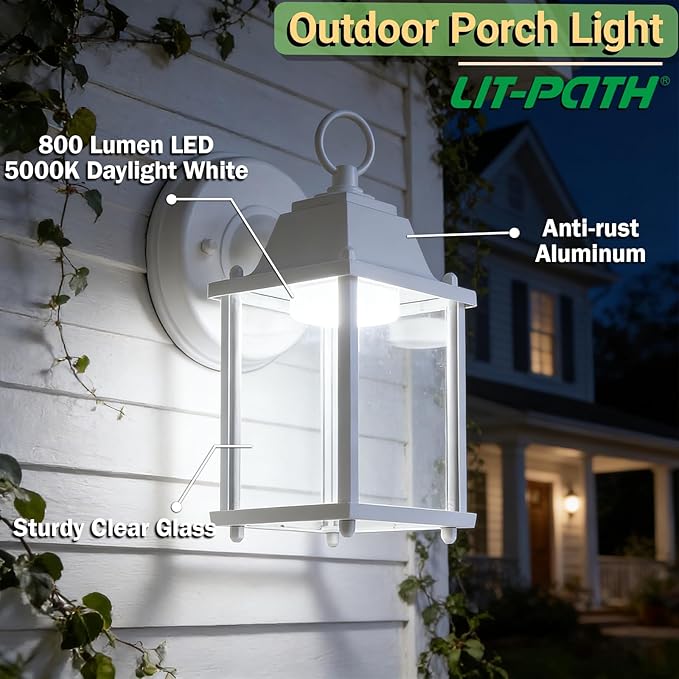 LIT-PaTH Outdoor LED Wall Lantern Wall Sconce as Porch Light 9.5W 800 Lumen Aluminum Housing Plus Glass 5000k-Matte White Finish 1-Pack