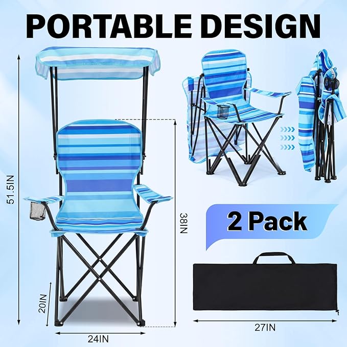 2 Pack Beach Chair with Canopy Shade Folding Camping Chairs with Canopy Portable Weather Resistant Lawn Chair with Cup Holder for Camping Beach Travel Picnic Fishing Sports