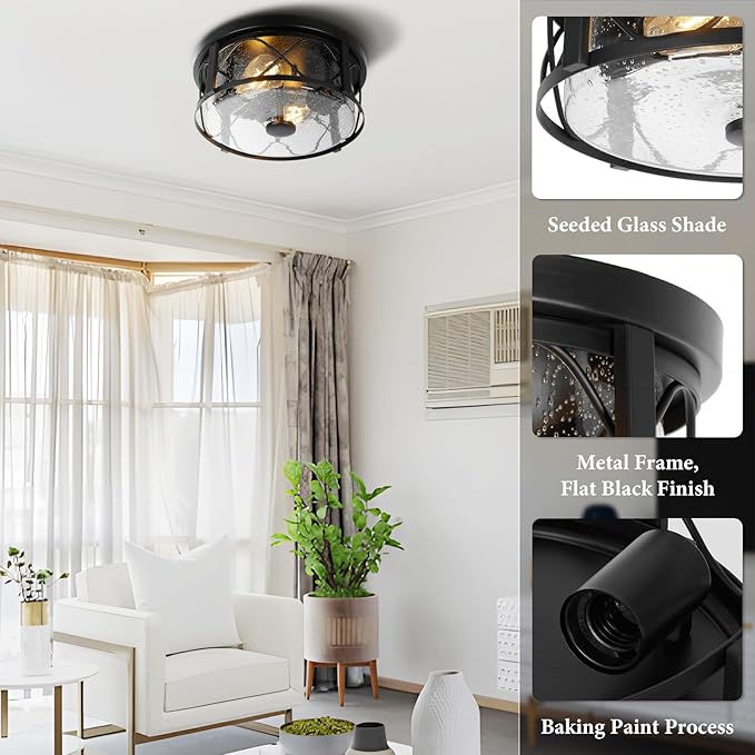 Rustic Close to Ceiling Light Fixtures Farmhouse Flush Mount Ceiling Lighting Metal Cage Lighting with Seeded Glass Black Cage for Home Kitchen Dining Room Bedroom Hallway Entryway Foyer
