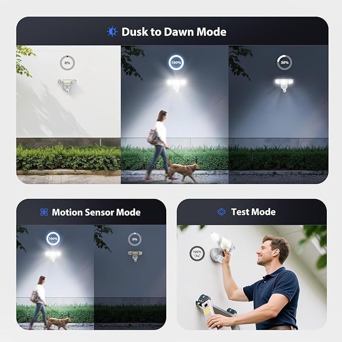 Onforu 90W 10000LM LED Motion Sensor Outdoor Lights 4-Head Dusk to Dawn Outdoor Lighting Hardwired Flood Lights IP66 Waterproof 6500K Security Floodlight for Outside (White)
