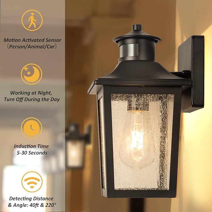 2 Packs Motion Sensor Outdoor Wall Lights - Black Dusk to Dawn Outdoor Lighting LED Waterproof Exterior Garage Light Fixture Modern Porch Light Outside Wall Mount for Front Door House Anti-Rust