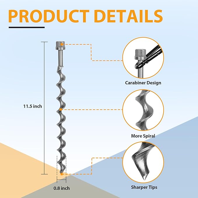 11.5 Ground Anchors Screw-in 4-Pack Heavy Duty Tent Stakes with Carabiners and Power Nut Driver Drill Bit Steel Earth Anchors for Camping Tents Swing Sets Securing Animals Sheds and Trampolines
