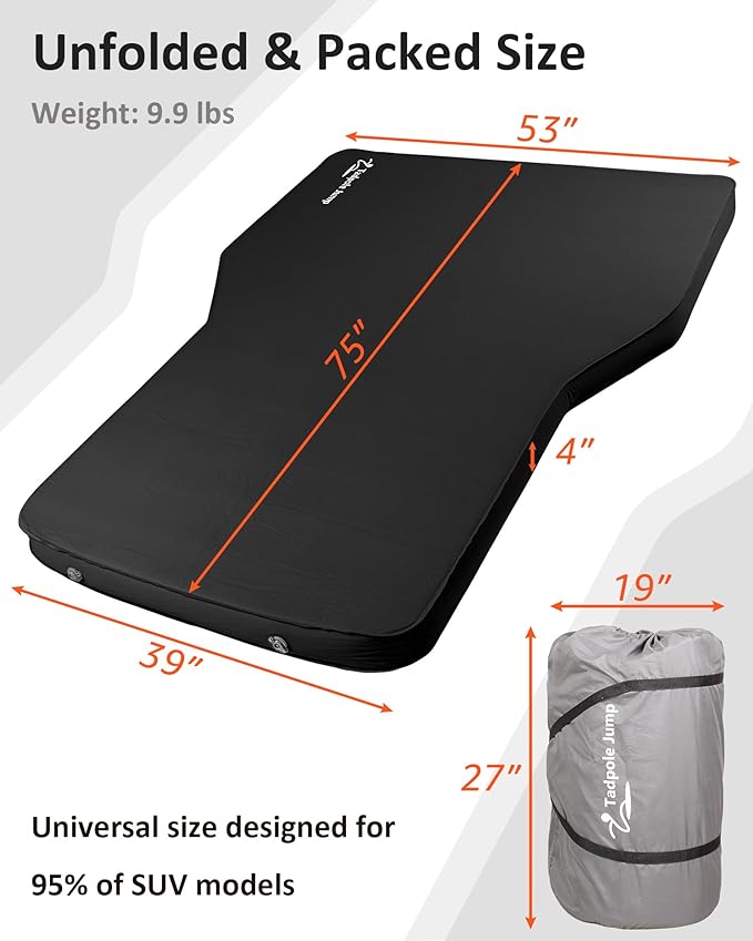 for Tesla Model Y Mattress Memory Foam 4 inch Comfortable SUV Sleeping Pad with Powerful Air Pump Inflatable Car Bed for Camping &amp Road Trips (Black+Gray)