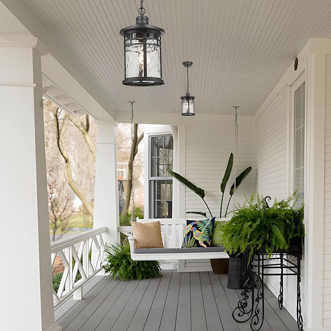 Darkaway Dusk to Dawn Outdoor Pendant Light 14inch Hanging Porch Light Outdoor Chandelier Ceiling Mount Waterproof Pendant Lights with Water Ripple Glass for Patio Entrance Foyer Entryway
