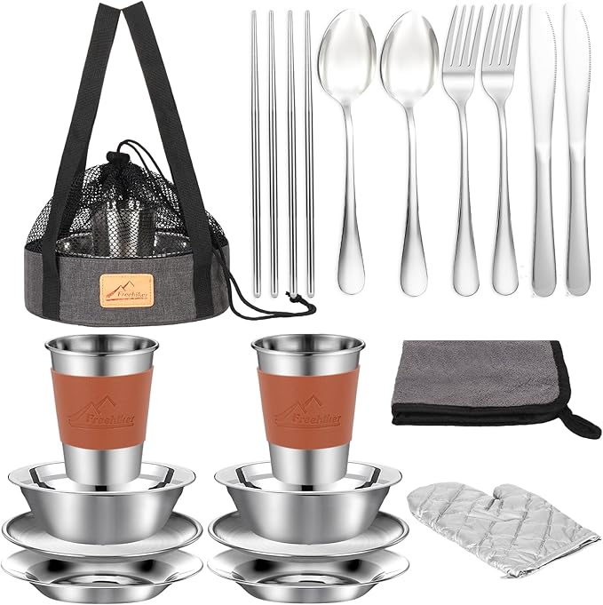 Camping Mess Kit - 1 to 2 persons Camping Dishes includes Cups Bowls Knives Forks Spoons Camping Dinnerware Set Camping Cooking Utensils Accessories Plates Dinnerware Set