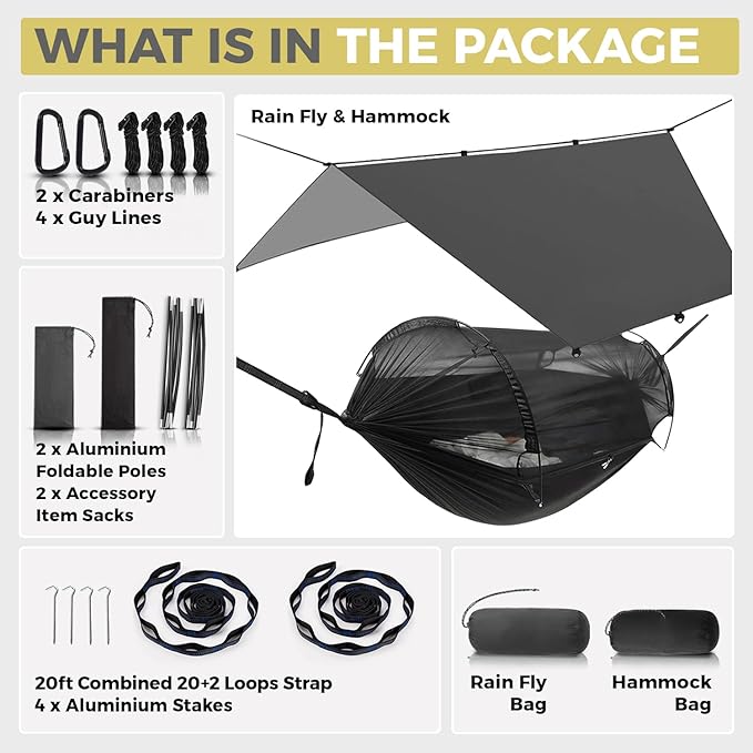 ADVOKAIR Camping Hammock with Mosquito Net and Rain Fly Up to 500lbs Ultralight and Portable Nylon Travel Hanging Hammock with Tree Straps Perfect for Outside Backpacking Hiking and Backyard