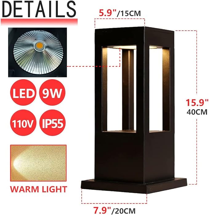 SLAWA Modern Outdoor Post Light Fixture LED Outdoor Column Lights with Aluminum housing IP55 Waterproof Square Pillar Lights Outdoor External Lawn Bollard Lantern for Porch Garden Front Yard