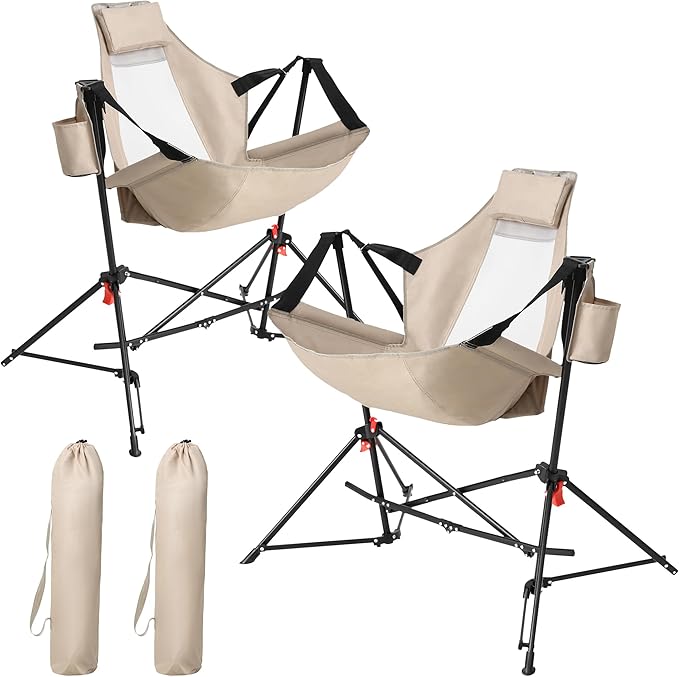 HOMEFUN Hammock Camping Chairs Set of 2- Portable Swinging Chair for Adults with Stand and Storage Bag Oversized Folding Rocking for Lawn Camp Fishing Hiking Khaki