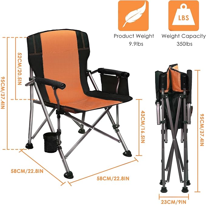 LEADALLWAY Folding Camping Chair Oversized Collapsible Camp Chair with Cup Holder and Removable Storage Bag Heavy Duty Support 351 LBS Portable Lawn Chair for Outdoor Camp Picnic Travel Fishing