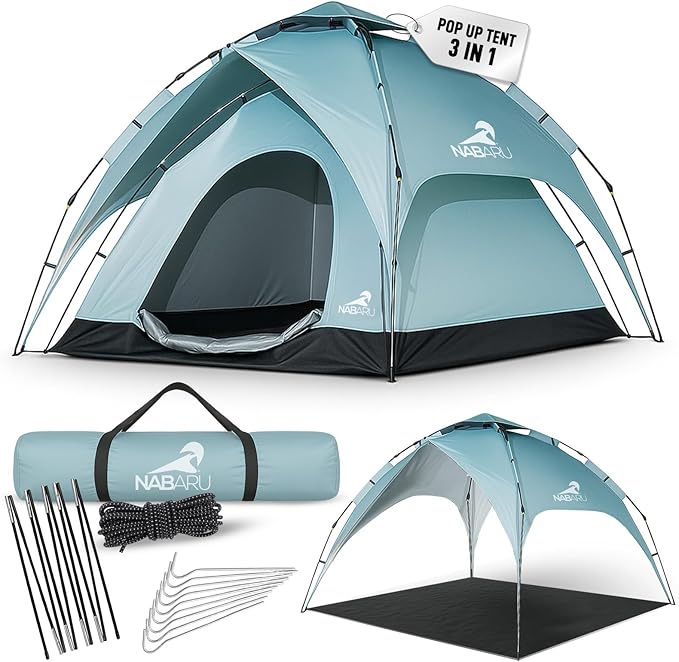 Automatic Camping Tent 3-in-1 Pop Up Tent for 4 People - Waterproof Polyester Ripstop with UV Protection Silver Coated Inner Layer Ideal for Family Camping.