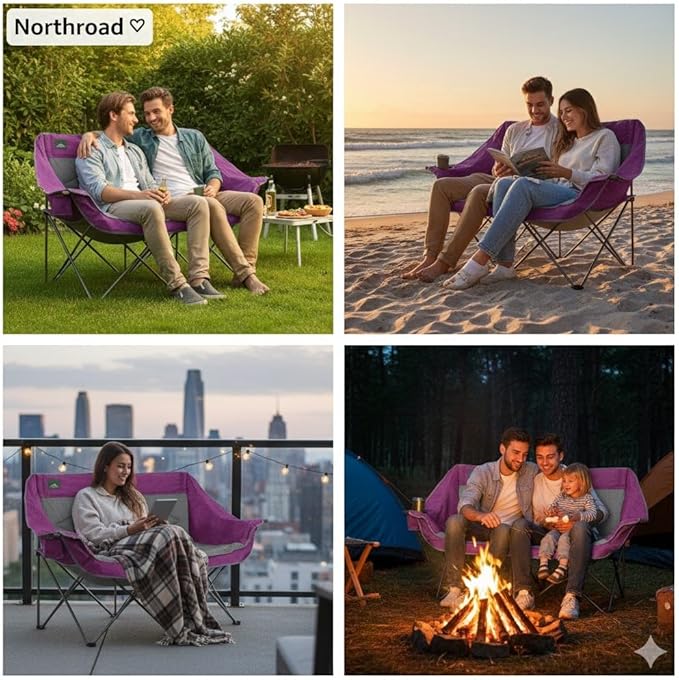 Northroad Folding Loveseat Camping Chair Portable Double Duo Full Padded Garden Chair for 2 Person Sofa w/ 2 Cup HolderWine Glass HolderMesh StorageSupport 500lbs for Picnic Beach Travel (Purple)