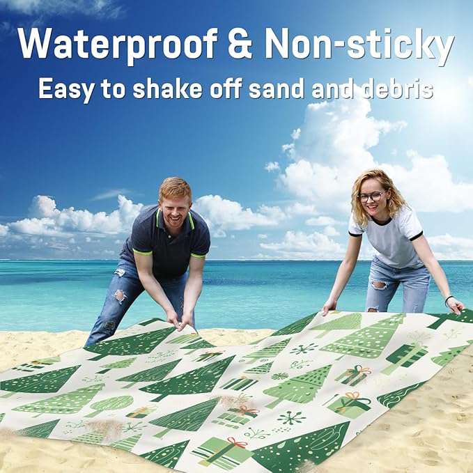 Waterproof Sandproof Beach Blanket 59''×68'' Christmas Tree Polyester Outdoor Picnic Blanket with 4 Stakes &amp Storage Bag for BeachCampingVacation Green